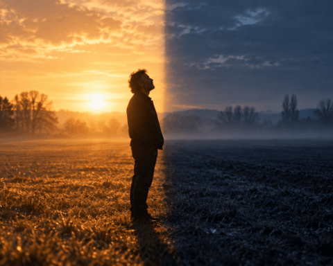 Silhouette di una persona in piedi sulla linea che separa un campo illuminato dal sole dall'ombra, metafora dell'equinozio tra luce e oscurità.