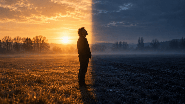Silhouette di una persona in piedi sulla linea che separa un campo illuminato dal sole dall'ombra, metafora dell'equinozio tra luce e oscurità.