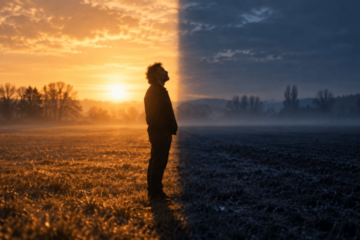 Silhouette di una persona in piedi sulla linea che separa un campo illuminato dal sole dall'ombra, metafora dell'equinozio tra luce e oscurità.