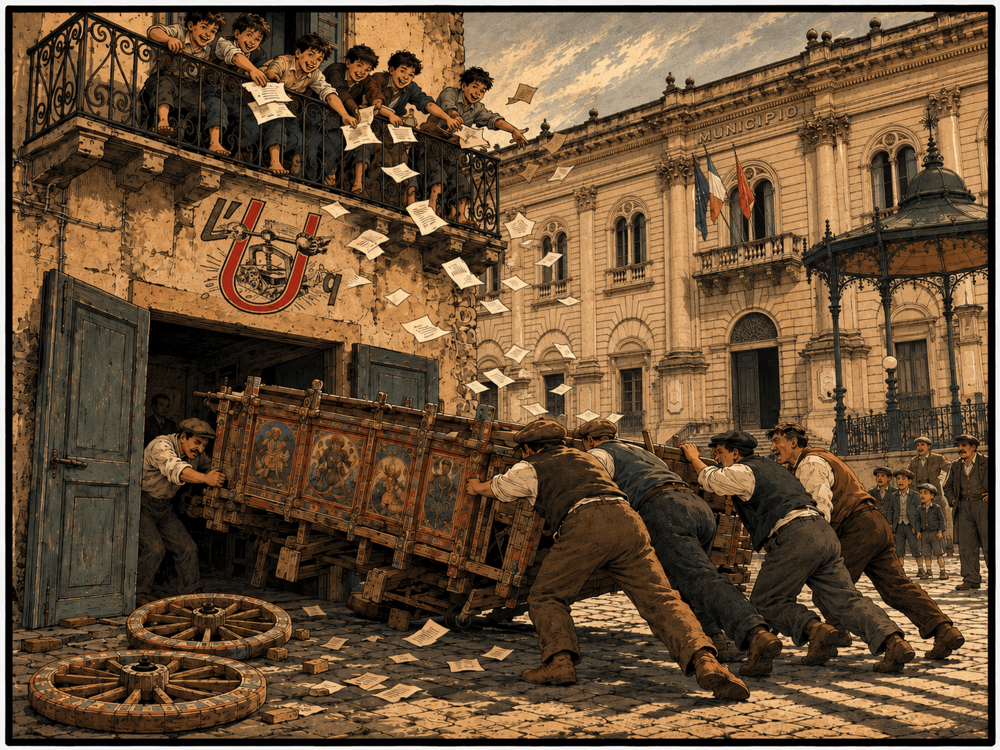 l'Uomo Qualunque era un partito di destra e quindi doveva sostituire il fascismo, praticamente. Per abbellire la sede hanno portato dentro la sede il carretto siciliano, togliendogli le ruote. Noi bambini dal piano di sopra prendevamo tutte le carte e le buttavamo giù