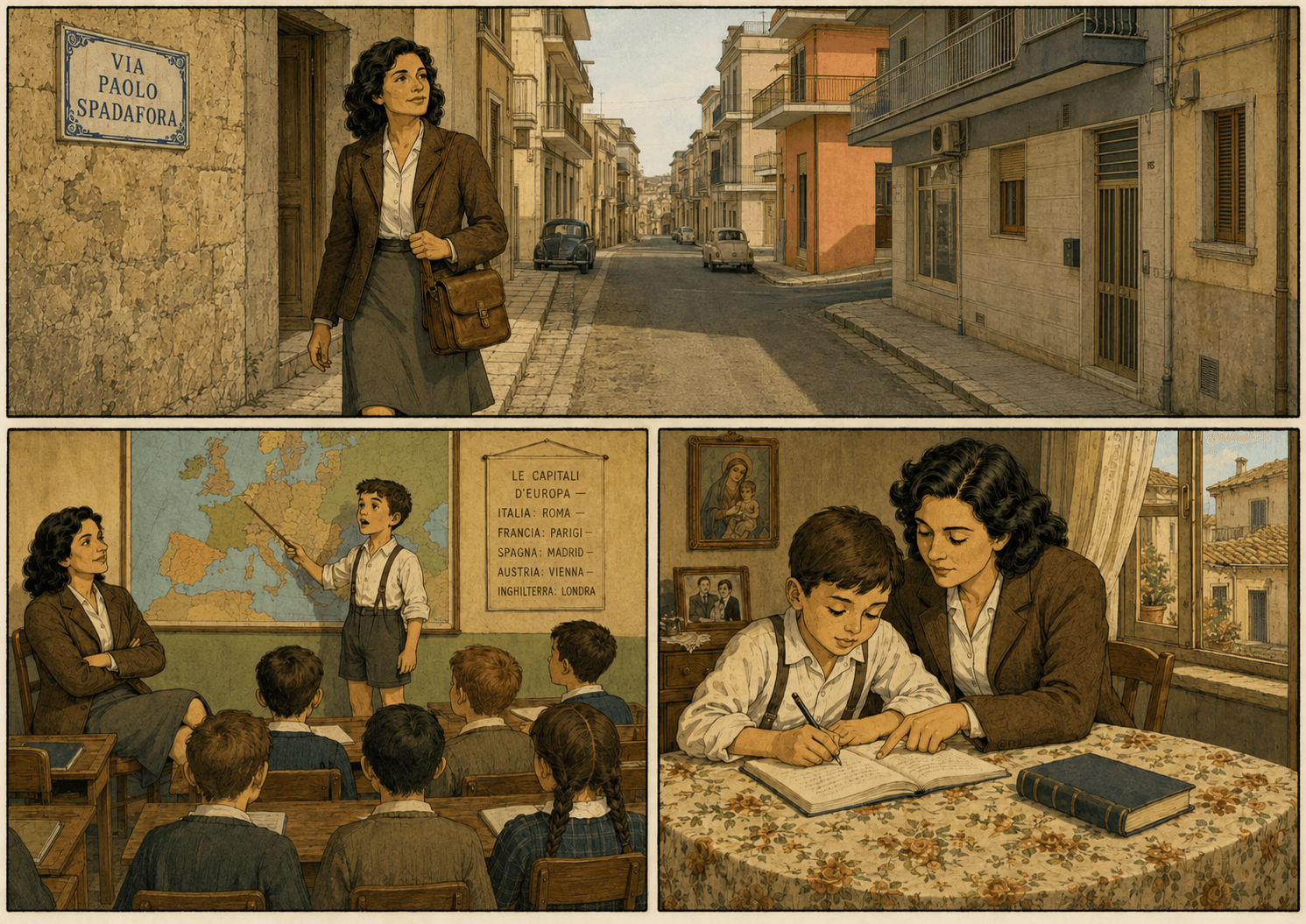 In quinta arriva una maestra da Ragusa, Maria Ferrera, che abitava in via Paolo Spadafora salendo dal Corso Italia e la cui sorella gestiva una tabaccheria