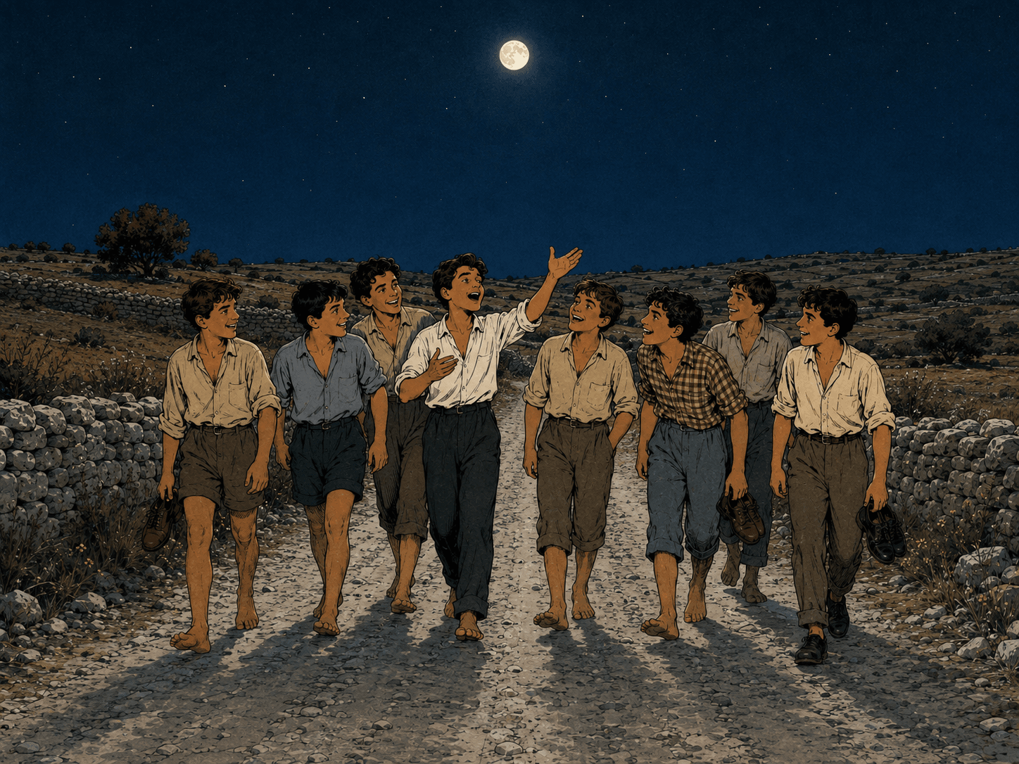 Eravamo un gruppo di 8 o 10 ragazzi, camminavamo di notte sotto la luna piena, ci divertivamo un mondo. Scherzavamo e ci raccontavamo le storie che avevamo sentito dai nostri genitori.