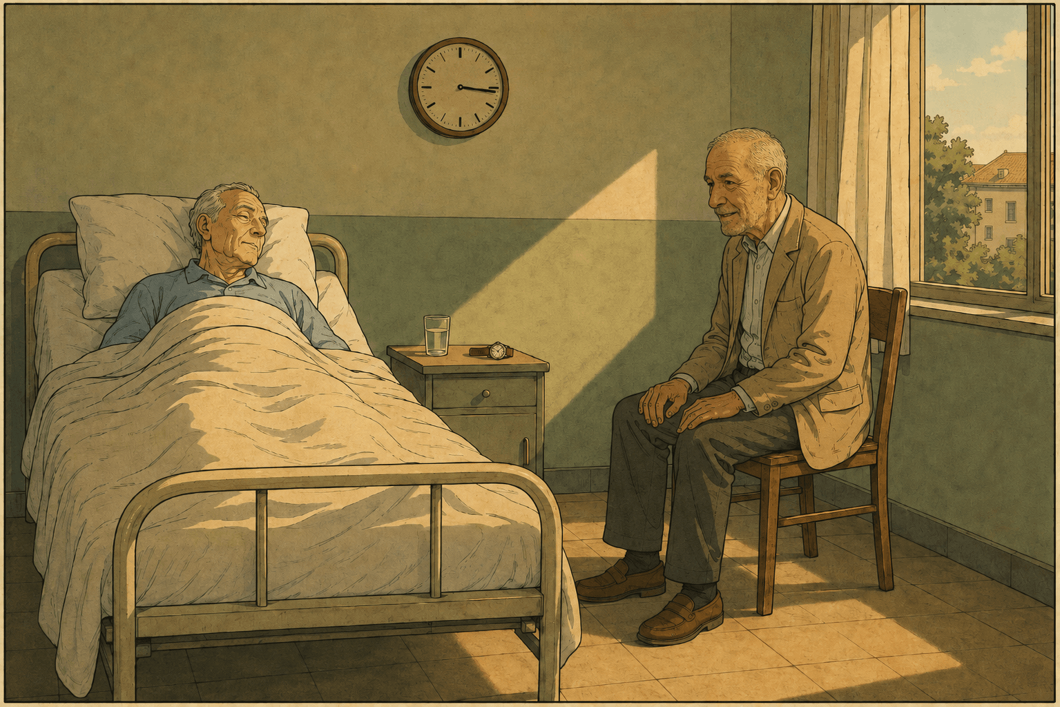 Un uomo seduto accanto a un letto, che non fa niente e non dice niente, e uno che smette di urlare